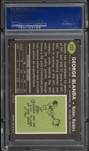 1969 Topps FB Card #232 George Blanda Oakland Raiders HOF PSA 8 NM-MT (MGD2)