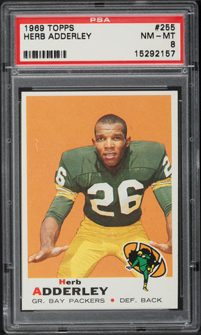 1969 Topps FB Card #255 Herb Adderley Green Bay Packers HOF PSA 8 NM-MT (MGD2)