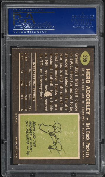 1969 Topps FB Card #255 Herb Adderley Green Bay Packers HOF PSA 8 NM-MT (MGD2)