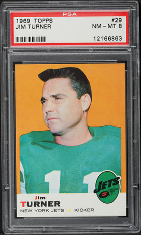 1969 Topps FB Card # 29 Jim Turner New York Jets YELLOW DOT PSA 8 NM-MT (MGD2)