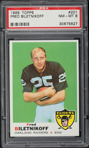 1969 Topps FB Card #201 Fred Biletnikoff Oakland Raiders HOF PSA 8 NM-MT (MGD2)