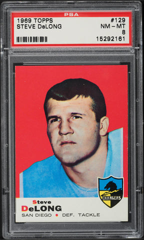 1969 Topps FB Card #129 Steve DeLong San Diego Chargers HOF PSA 8 NM-MT (MGD2)