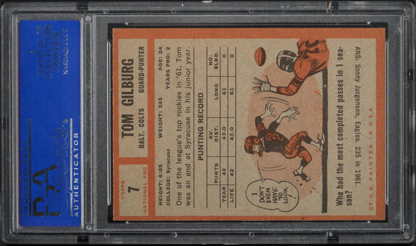 1962 Topps FB Card # 7 Tom Gilburg Baltimore Colts ROOKIE RC SP PSA 6 EXMT (MGD2)