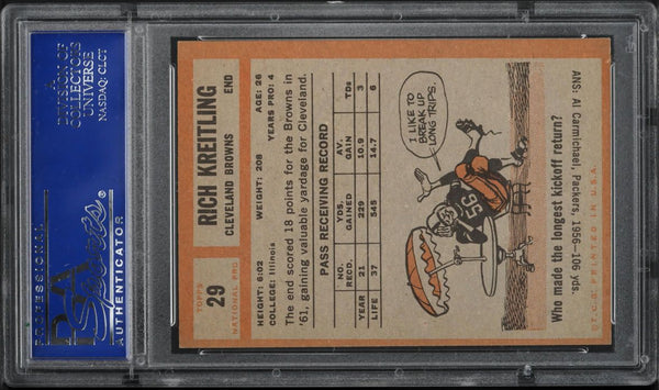 1962 Topps FB Card # 29 Rich Kreitling Cleveland Browns ROOKIE RC PSA 6 EXMT (MGD2)