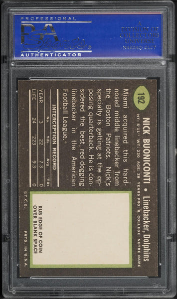 1969 Topps FB Card #192 Nick Buoniconti Miami Dolphins HOF PSA 8 NM-MT (MGD2)
