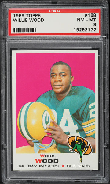 1969 Topps FB Card #168 Willie Wood Green Bay Packers HOF PSA 8 NM-MT (MGD2)