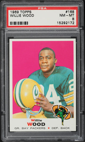 1969 Topps FB Card #168 Willie Wood Green Bay Packers HOF PSA 8 NM-MT (MGD2)