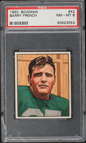 1950 Bowman BB Card # 42 Barry French Baltimore Colts ROOKIE RC PSA 8 NM-MT (MGD2)