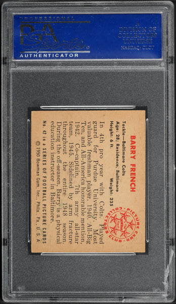 1950 Bowman BB Card # 42 Barry French Baltimore Colts ROOKIE RC PSA 8 NM-MT (MGD2)