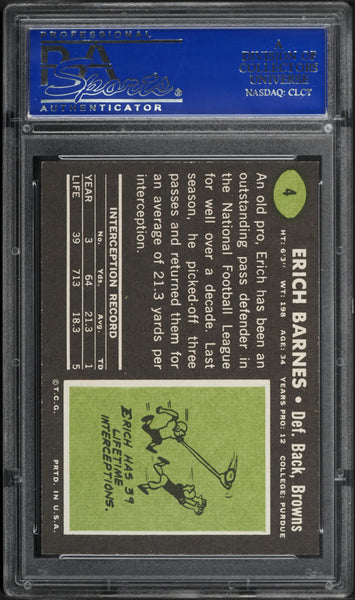1969 Topps FB Card # 4 Erich Barnes Cleveland Browns PSA 8 NM-MT (MGD2)
