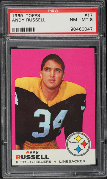 1969 Topps FB Card # 17 Andy Russell Pittsburgh Steelers HOF PSA 8 NM-MT (MGD2)