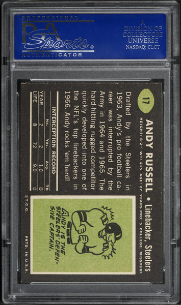1969 Topps FB Card # 17 Andy Russell Pittsburgh Steelers HOF PSA 8 NM-MT (MGD2)