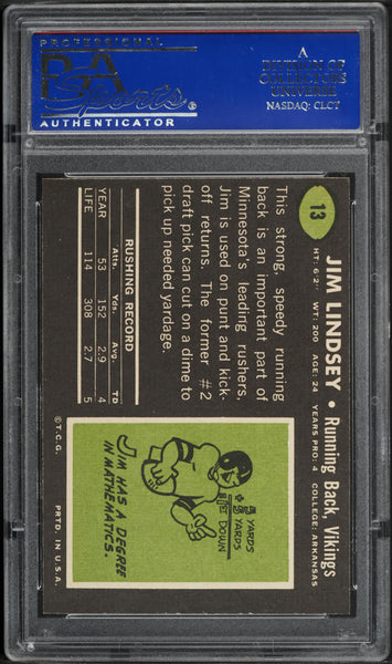 1969 Topps FB Card # 13 Jim Lindsey Minnesota Vikings ROOKIE RC PSA 8 NM-MT (MGD2)