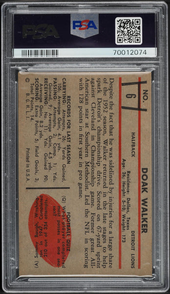 1953 Bowman FB Card # 6 Doak Walker Detroit Lions HOF PSA 6 EXMT (MGD2)