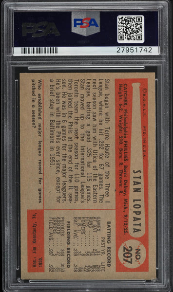 1954 Bowman BB Card #207 Stan Lopata Philadelphia Phillies PSA 8 NM-MT (MGD2)