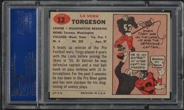 1957 Topps FB Card # 12 Lavern Torgeson Redskins ROOKIE RC PSA 8 NM-MT (MGD2)