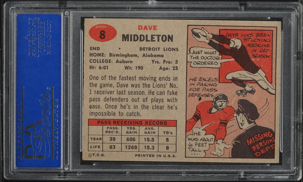1957 Topps FB Card # 8 Dave Middleton Detroit Lions PSA 8 NM-MT (MGD2)