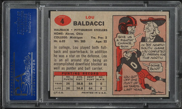 1957 Topps FB Card # 4 Lou Baldacci Pittsburgh Steelers ROOKIE RC PSA 8 NM-MT (MGD2)