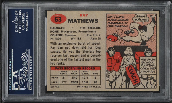 1957 Topps FB Card # 63 Ray Mathews Pittsburgh Steelers HOF PSA 8 NM-MT (MGD2)