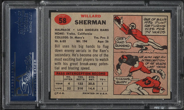 1957 Topps FB Card # 58 Bill Sherman Los Angeles Rams BACK-RAMS FR. PSA 8 NM-MT (MGD2)