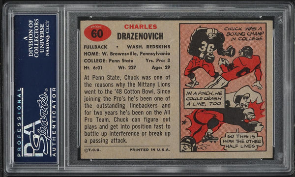 1957 Topps FB Card # 60 Chuck Drazenovich Washington Redskins PSA 8 NM-MT (MGD2)