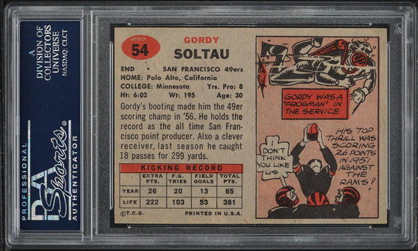 1957 Topps FB Card # 54 Gordon Soltau San Francisco 49ers HOF PSA 8 NM-MT (MGD2)