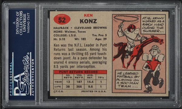 1957 Topps FB Card # 52 Kenny Konz Cleveland Browns PSA 8 NM-MT (MGD2)