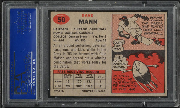 1957 Topps FB Card # 50 Dave Mann Chicago Cardinals PSA 8 NM-MT (MGD2)