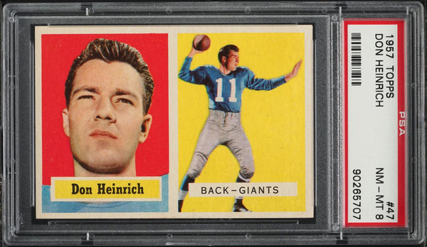 1957 Topps FB Card # 47 Don Heinrich New York Giants HOF PSA 8 NM-MT (MGD2)