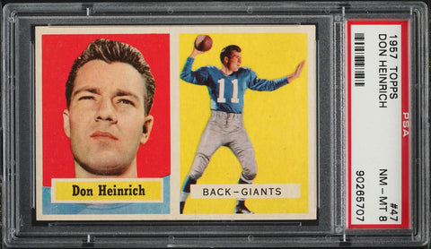 1957 Topps FB Card # 47 Don Heinrich New York Giants HOF PSA 8 NM-MT (MGD2)