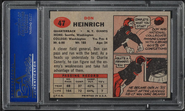 1957 Topps FB Card # 47 Don Heinrich New York Giants HOF PSA 8 NM-MT (MGD2)