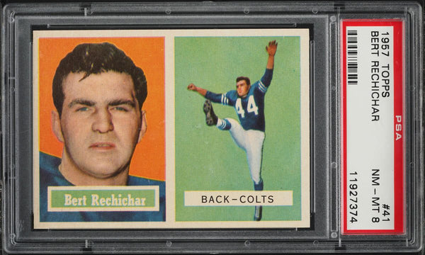 1957 Topps FB Card # 41 Bert Rechichar Baltimore Colts PSA 8 NM-MT (MGD2)