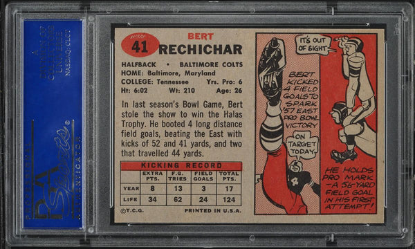 1957 Topps FB Card # 41 Bert Rechichar Baltimore Colts PSA 8 NM-MT (MGD2)