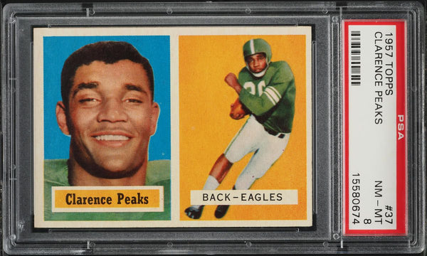 1957 Topps FB Card # 37 Clarence Peaks Philadelphia Eagles ROOKIE RC PSA 8 NM-MT (MGD2)
