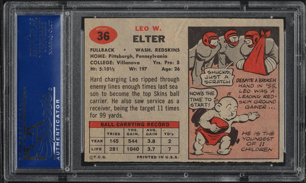 1957 Topps FB Card # 36 Leo Elter Washington Redskins ROOKIE RC PSA 8 NM-MT (MGD2)