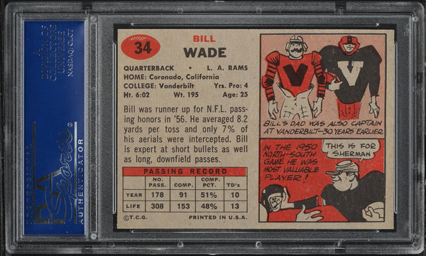 1957 Topps FB Card # 34 Bill Wade Los Angeles Rams PSA 8 NM-MT (MGD2)