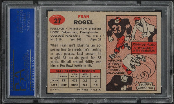 1957 Topps FB Card # 27 Fran Rogel Pittsburgh Steelers PSA 8 NM-MT (MGD2)