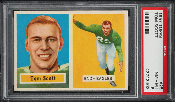 1957 Topps FB Card # 25 Tom Scott Philadelphia Eagles HOF PSA 8 NM-MT (MGD2)