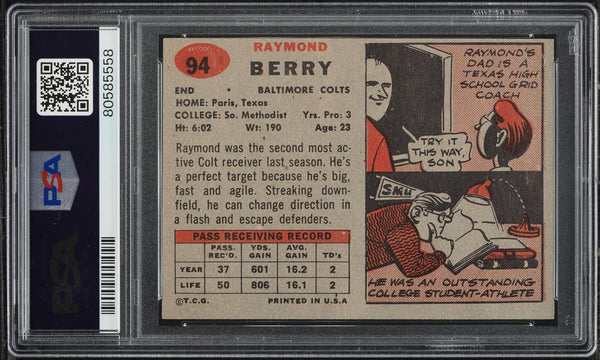 1957 Topps FB Card # 94 Raymond Berry Baltimore Colts HOF ROOKIE RC PSA 6 EXMT (MGD2)