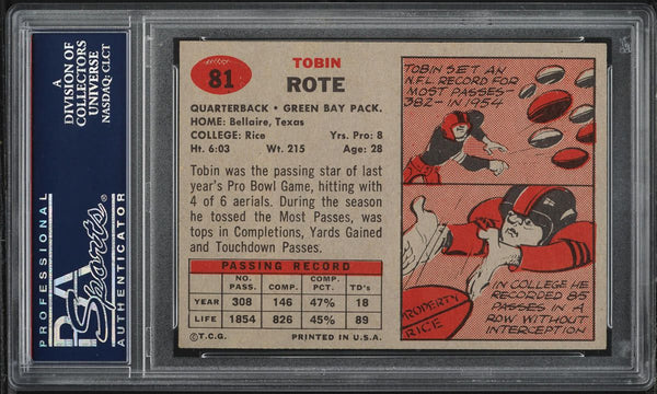 1957 Topps FB Card # 81 Tobin Rote Green Bay Packers HOF PSA 8 NM-MT (MGD2)