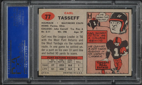 1957 Topps FB Card # 77 Carl Tasseff Baltimore Colts PSA 8 NM-MT (MGD2)