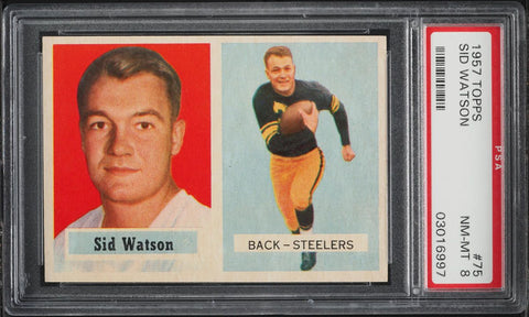 1957 Topps FB Card # 75 Sid Watson Pittsburgh Steelers HOF ROOKIE RC PSA 8 NM-MT (MGD2)