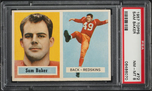 1957 Topps FB Card # 72 Sam Baker Washington Redskins ROOKIE RC PSA 8 NM-MT (MGD2)