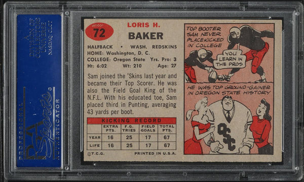 1957 Topps FB Card # 72 Sam Baker Washington Redskins ROOKIE RC PSA 8 NM-MT (MGD2)