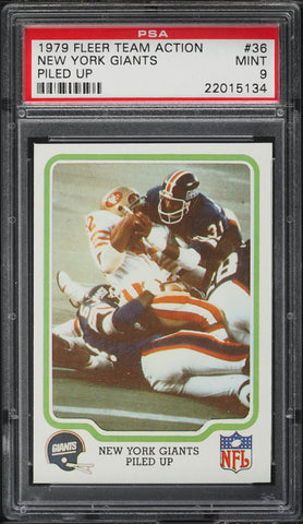 1979 Fleer Teams in Action FB Card # 36 New York Giants PILED UP PSA 9 MINT (MGD2)