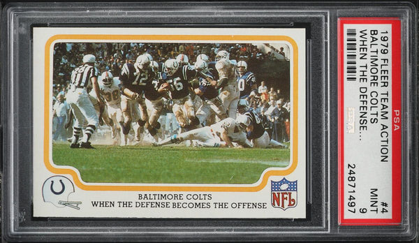 1979 Fleer Teams in Action FB Card # 4 Baltimore Colts WHEN THE DEFENSE... PSA 9 (MGD2)