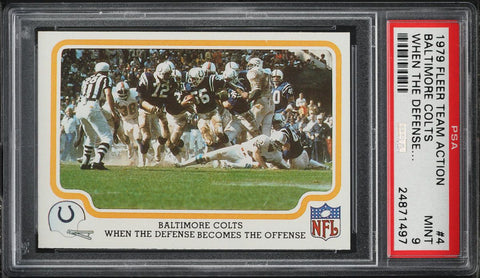 1979 Fleer Teams in Action FB Card # 4 Baltimore Colts WHEN THE DEFENSE... PSA 9 (MGD2)