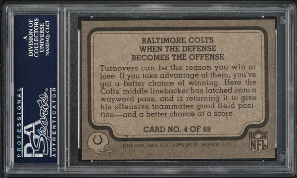 1979 Fleer Teams in Action FB Card # 4 Baltimore Colts WHEN THE DEFENSE... PSA 9 (MGD2)