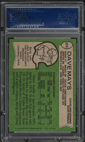 1978 Topps FB Card #353 Dave Mays Cleveland Browns ROOKIE RC PSA 9 MINT (MGD2)
