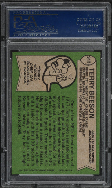 1978 Topps FB Card #313 Terry Beeson Seattle Seahawks ROOKIE RC PSA 9 MINT (MGD2)